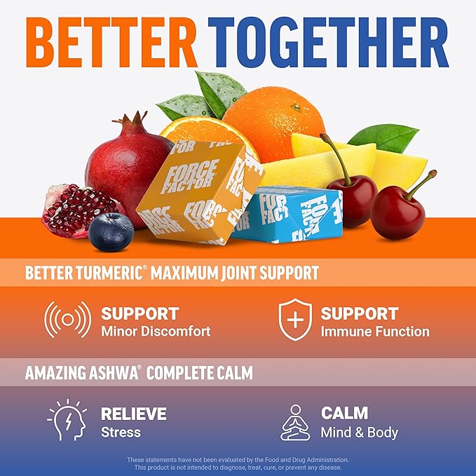 Force Factor Better Turmeric Maximum Joint Support 1075mg Curcumin Amazing Ashwa Complete Calm Support with KSM-66 Ashwagandha 120 Soft Chews
