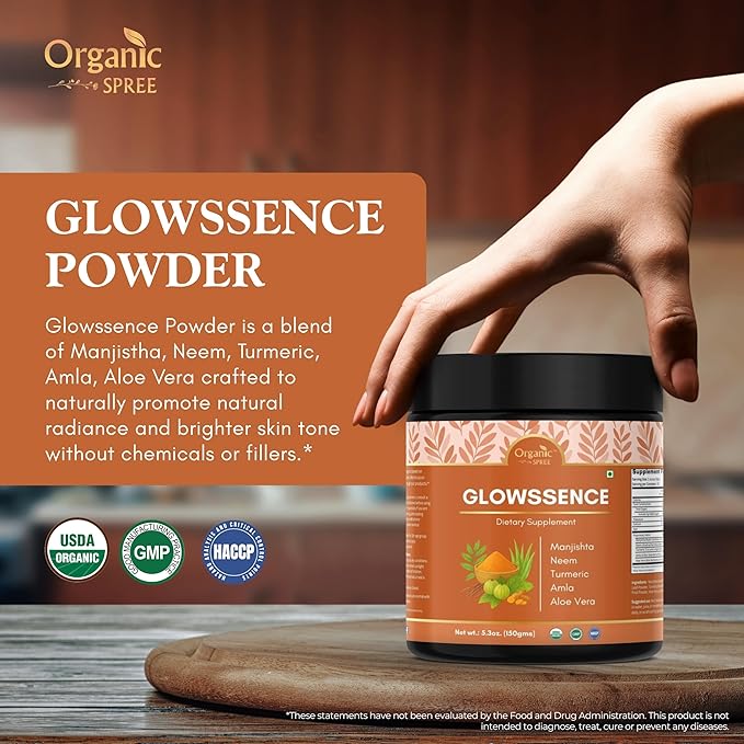 Glowssence - 150 g (5.3oz) | USDA Organic Certified | Ayurvedic Herbal Blend of Manjishta Amla Aloe vera Turmeric Neem | Promotes Clear and Healthy Skin*