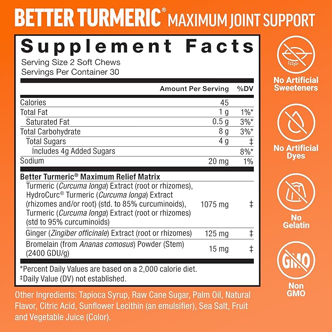 Force Factor Better Turmeric Maximum Joint Support 1075mg Curcumin Amazing Ashwa Complete Calm Support with KSM-66 Ashwagandha 120 Soft Chews