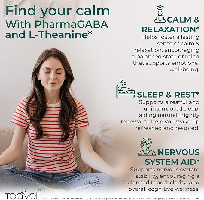 Teaveli Pharma GABA with L Theanine Supplement - 100mg PharmaGABA and 200mg L-Theanine - Clean Label - Supports Calm and Focus - No Additives or Preservatives – 60 Veggie Capsules