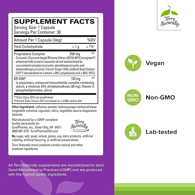 Terry Naturally DIM Complex - Dietary Supplement with BCM-95 Curcumin - Supplement to Support Healthy Hormone Balance Liver Health &amp Menopause Symptom Relief - 30 Capsules 2 Pack (60 Capsules)