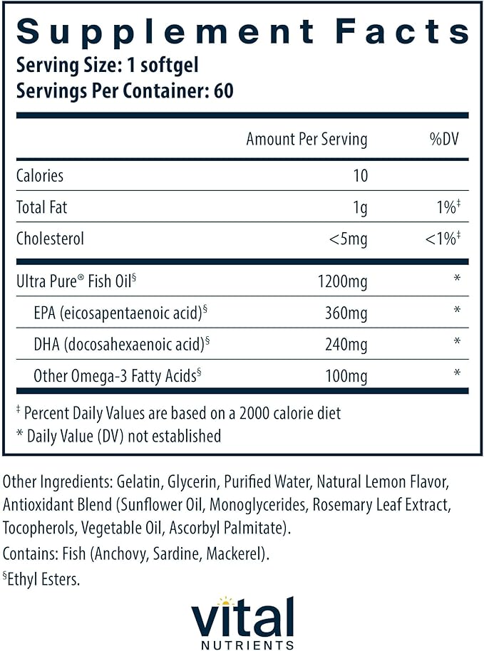 Vital Nutrients Ultra Pure Fish Oil 700 - Supports Heart Brain and Joint Health* - Sustainably Sourced High EPA &amp DHA Omega-3 Fatty Acid - Lemon Flavor - Gluten Dairy &amp Soy Free - 60 Softge