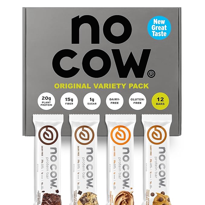 No Cow Vegan Protein Bars Upgraded Original Variety Pack | 20g Plant Based Protein Gluten Free Dairy Free Soy Free Keto Friendly Low Sugar High Fiber Snack Bars | Pack of 12