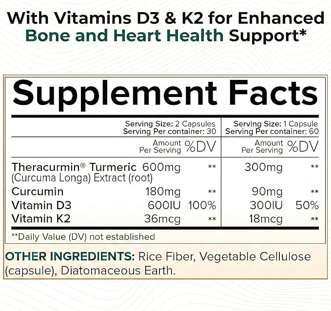 Theracurmin Turmeric Curcumin Supplement- Advanced Joint Bones and Muscle Support with Vitamin D3 and K2 (MK-7)– 600mg Theracurmin- No Stearates Clean Label- 60 Capsules