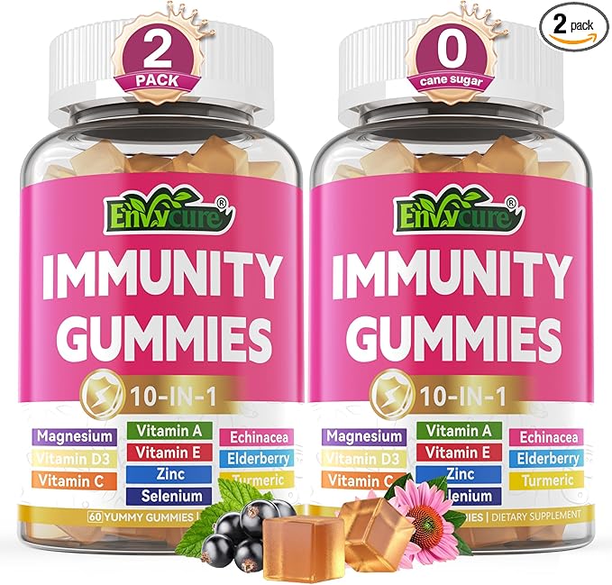 10 in 1 Immune Support Supplement Gummies w/Echinacea Elderberry Vitamin C and Zinc Selenium Vitamin D3 5000IU Magnesium Daily Immune Booster Multivitamin for Antioxidant Bone Energy 2 Pack