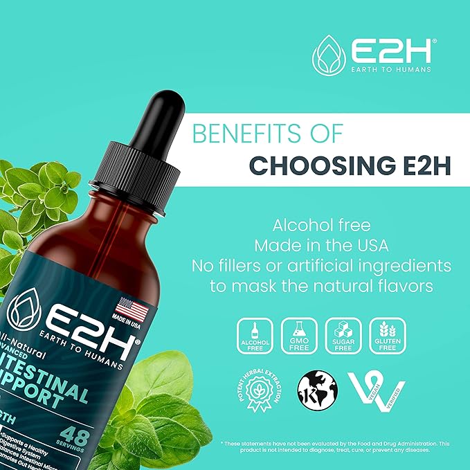 E2H Advanced Intestinal Support - Natural Intestinal Cleanse and Digestive Cleanse Supplement - Wormwood and Black Walnut Extract - Non-GMO Vegan - 2 Fl Oz