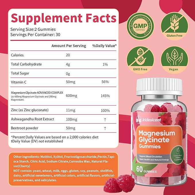 Magnesium Glycinate Gummies 400mg Sugar Free Magnesium Supplement w/Ashwagandha Zinc Vegan Magnesium Glycinate Supplement for Adults - 120 Cherry Gummies