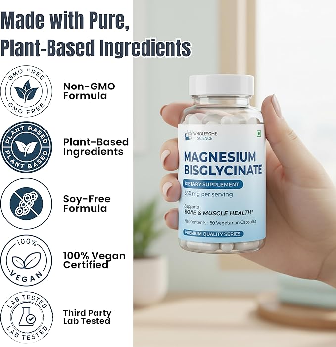 Magnesium Bisglycinate – 60 Vegan Capsules – 650 mg per Serving – Supports Relaxation Muscle &amp Nerve Function – Non-GMO Soy-Free – Third-Party Lab Tested Dietary Supplement