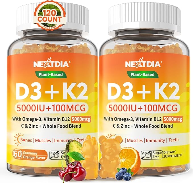 Vitamin D3 K2 Gummies 5000IU / 10000 IU with Omega-3 250mg + K2(MK-7) 100mcg - 5X Absorption Than Standard D3K2with Vitamin C Zincand 5 Organic VegetablesSupports Bone &amp Teeth Strength Immun