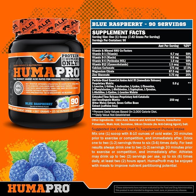 Humapro | Amino Acids Protein Matrix for Humans | 99% Utilization for Lean Muscle | Vegan Gluten Free | 667g / 90 Servings (Blue Raspberry)