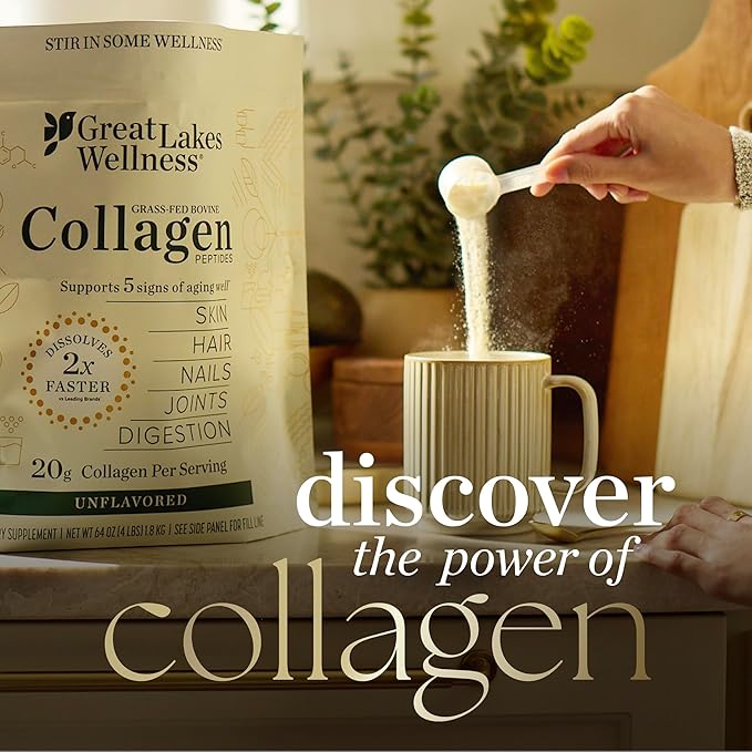 Great Lakes Wellness Collagen Peptides Powder for Skin Hair Nails Joints &amp Digestion - Vanilla Flavored - Quick Dissolve Hydrolyzed Non-GMO Kosher - 10 oz