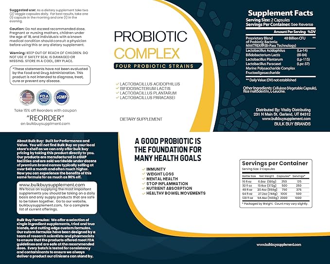 Probiotic Blend - 700CT Value Size Bottle of Multiple Strains of Key Bacteria Include Lactobacillus Acidophilus Bifidobacterium Lactis L. Plantarum L. Paracasei in a Clear Square Grip Jar
