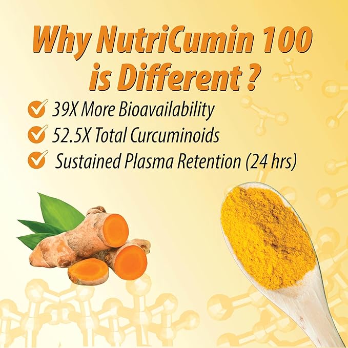 High Absorption Turmeric Curcumin Supplement –39X Enhanced bioavailability – 100% Turmeric Matrix – Vegan Non-GMO – 500mg – 30 NutriCumin 100 Capsules