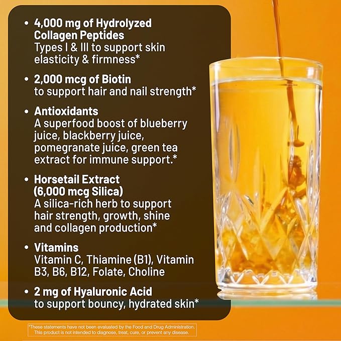 NatureWise Hydrolyzed Liquid Collagen for Women &amp Men 4000mg - No Added Sugar - Multi Collagen Peptides + Biotin + Vitamin C + Vitamin B Complex &amp Hyaluronic Acid - Mango - 15.22 fl oz[45 Day