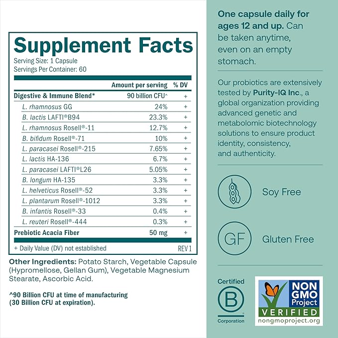 True Grace One Daily Probiotic - 60 Vegetarian Capsules - 90 Billion CFU - Gut Digestive &amp Immune Health Support Blend with Prebiotic Fiber - Gluten &amp Soy Free - 60 Servings