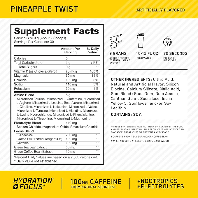 Optimum Nutrition Amino Energy Powder Plus Focus with BCAA Electrolytes and Caffeine Pineapple Twist 30 Servings (Packaging May Vary)