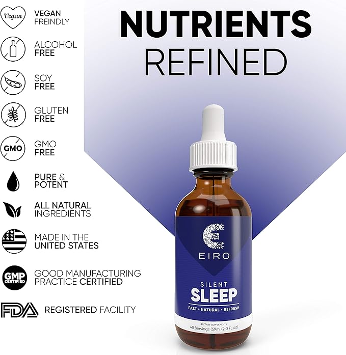 EIRO Silent Sleep │ ­All Natural liquid Sleep Aid Remedy with Melatonin L-Theanine Chamomile flower &amp more │ Superior Absorption │ Fast • Natural • Refresh