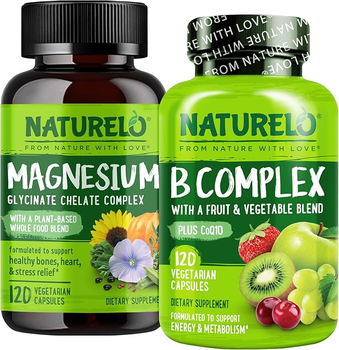 NATURELO Vitamin B Complex with Fruit &amp Vegetable Blend - 120 Capsules and Magnesium Glycinate Chelate Complex - 120 Capsules Bundle