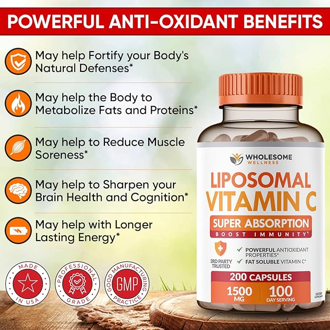 Wholesome Wellness Liposomal Vitamin C Capsules (200 Pills 1500mg Buffered) High Absorption Immune System &amp Collagen Booster High Dose Fat Soluble Immunity Support Ascorbic Acid Natural Vegan