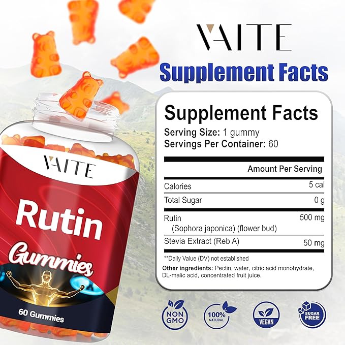 Rutin Supplement 500mg - Sophora Japonica Extract with Quercetin - Antioxidant Gummies for Men and Women - Vein and Leg Wellness - Flavonoid Complex for Daily Vascular Support - 60 Gummies