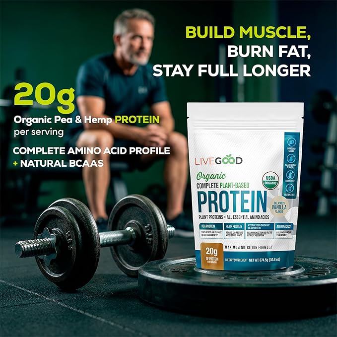 LIVEGOOD Complete Plant Based Protein Powder with Organic Pea Protein and Essential Amino Acids for Muscle Support Recovery Energy and Daily Nutrition Vanilla Protein Supplement (30 Servings)