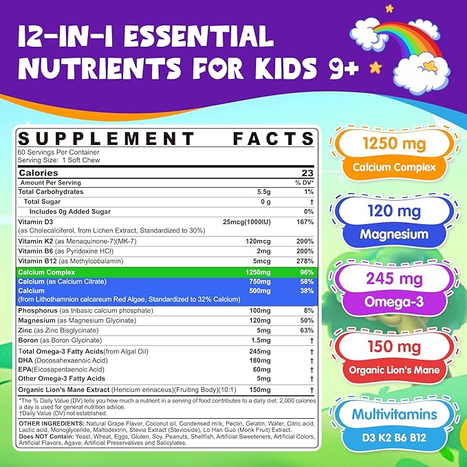 Kids Calcium Soft Chews + D3 &amp K2 for 9+ Calcium Gummies with Calcium Citrate &amp Red Algae Calcium Lion's Mane Omega-3 Magnesium for Bone Health Teeth Energy Brain &amp Mṍṍd Support 60