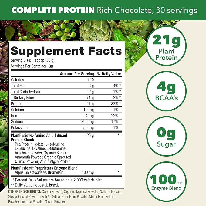 PlantFusion Complete Vegan Protein Powder - Plant Based With BCAAs Digestive Enzymes and Pea Protein - Keto Gluten Free Soy Free Non-Dairy No Sugar Non-GMO - Chocolate 2 lb