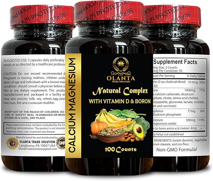 Calcium Magnesium Pills with Vitamin D &amp Boron – High-Absorption Formula for Nutrition - Energy Production and Support Nerves System Citrate for Muscles - 2 Bottles 200 Capsules