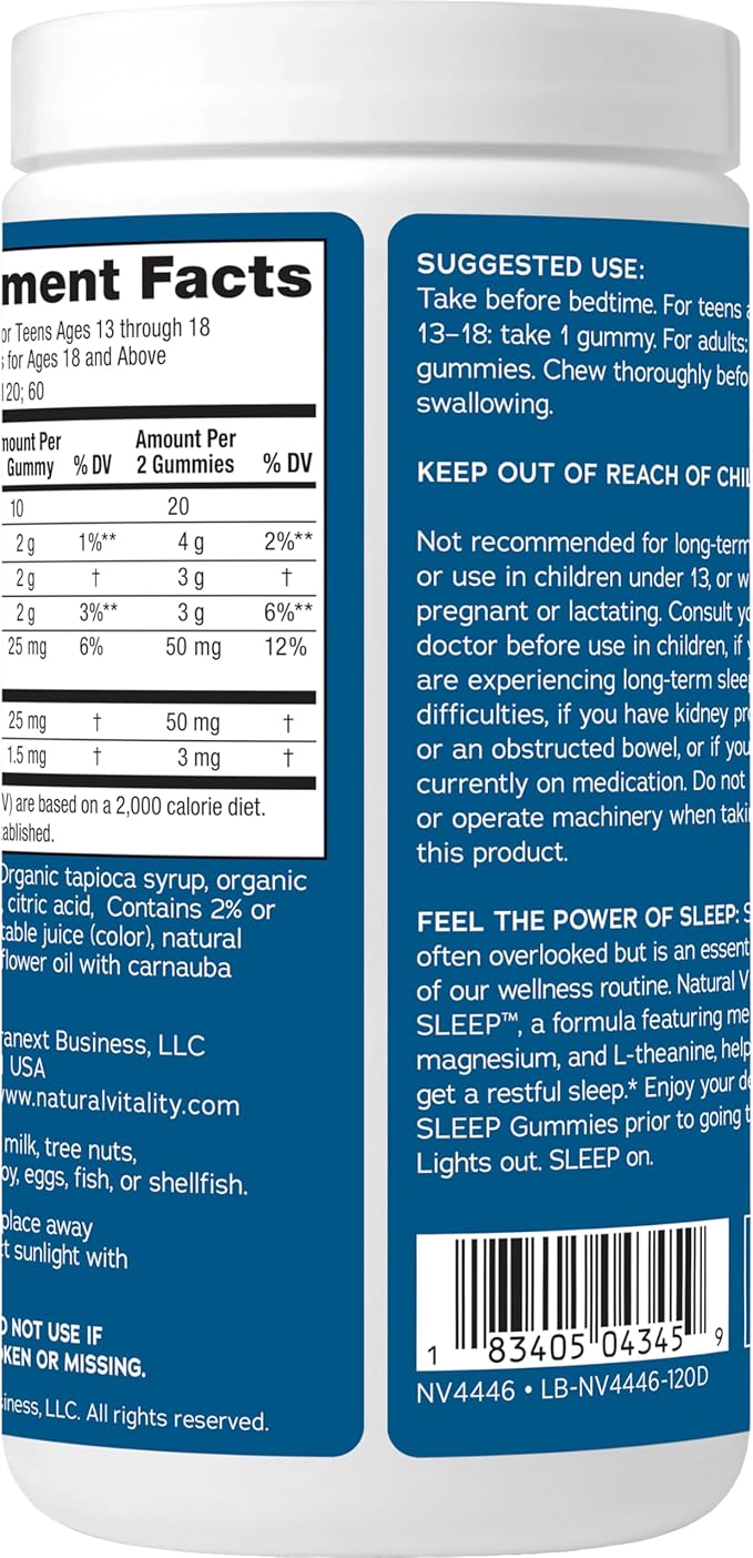 Natural Vitality Sleep Gummies Magnesium Supplement with Melatonin and L-Theanine Vegan Gluten Free Helps The Body Ease Into Sleep Blueberry Pomegranate 120 Count (Pack of 2)