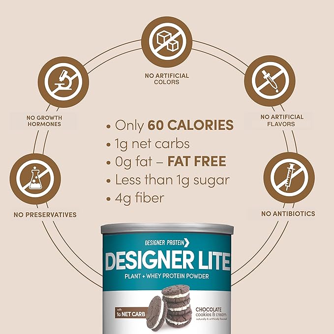 Designer Wellness Designer Lite Low Calorie Natural Protein Prebiotic Fiber Key Vitamins &amp Minerals Vanilla Cupcake and Chocolate Cookies &amp Cream Bundle