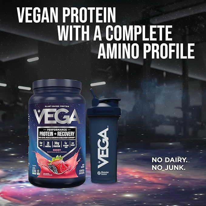 Vega Sport Vegan Protein Powder + Recovery - 30g Plant Based Protein per Serving Berry 19 Servings 5g BCAAs Probiotics NSF Certified for Shakes &amp Smoothies 1.8lbs (Packaging May Vary)