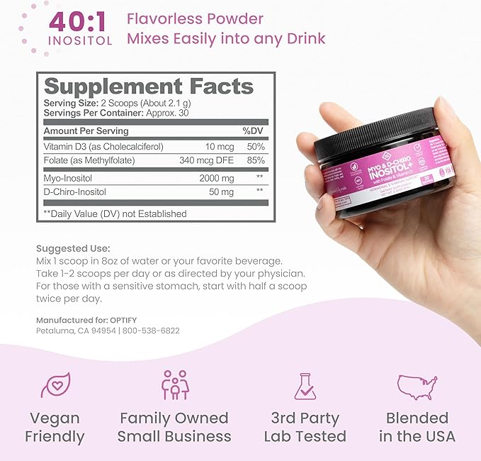 Premium Inositol Supplement - Myo-Inositol and D-Chiro Inositol Powder Plus Folate and Vitamin D - Ideal 40:1 Ratio - Hormone Balance &amp Healthy Ovarian Support for Women - Vitamin B8 - 30 Day Supp