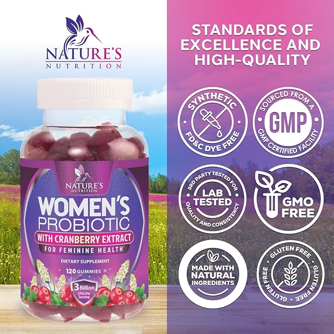Nature's Nutrition Probiotics for Women Gummies with Cranberry - 6 Premium Strains for PH Balance Digestive Health Vaginal &amp Immune Support Women's Probiotic Gummy for Feminine Health - 120 Gum