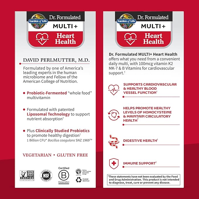 Garden of Life Dr. Formulated Multi+ Heart Health - Fermented Liposomal Multivitamin + Vitamin K2 MK-7 B Vitamins &amp Probiotics - One a Day for Cardiovascular &amp Blood Vessel Function 30 Capsu