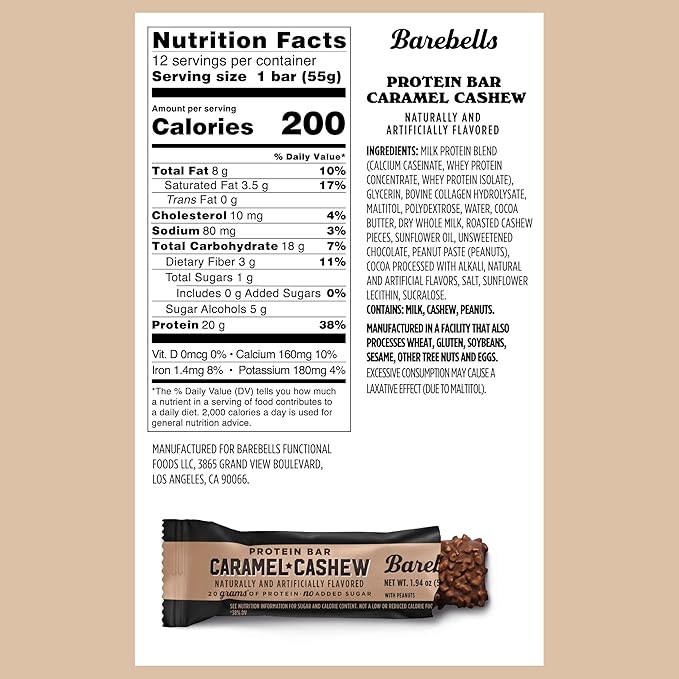 Barebells Protein Bars Caramel Cashew - 12 Count Pack of 2 - Protein Snacks with 20g of High Protein - Chocolate Protein Bar with 1g of Total Sugars - Perfect on The Go Protein Snack &amp Breakfast