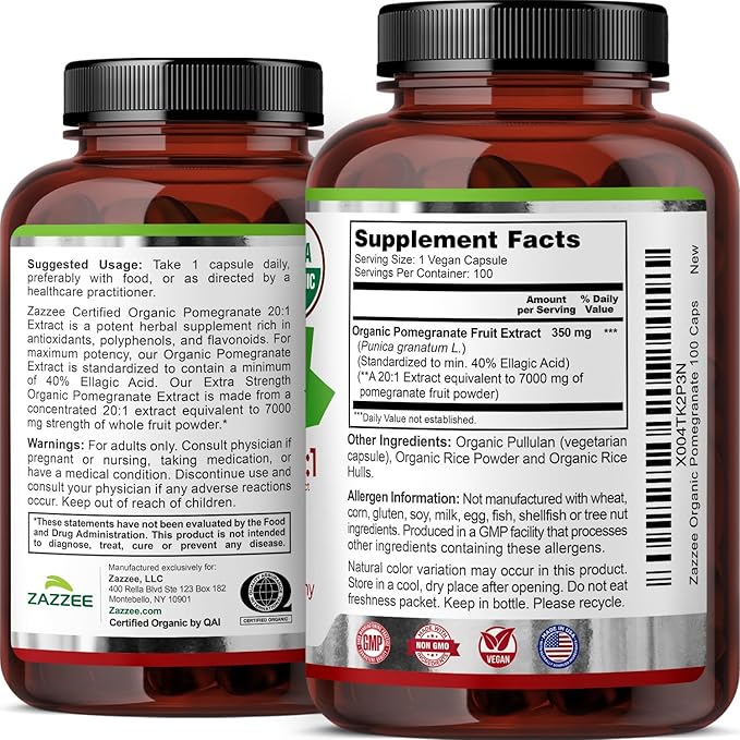 Zazzee USDA Organic Pomegranate 20:1 Extract 40% Ellagic Acid 100 Vegan Capsules 3+ Month Supply Punica Granatum Antioxidant Immune &amp Polyphenol Support All-Natural Non-GMO Made in the US