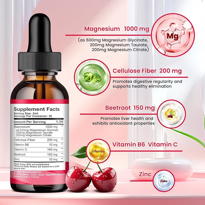 (2 Pack) Magnesium Glycinate Liquid Drop for Sleep Nerve Energy Muscle Sugar-Free Pineapple &amp Cherry Flavor
