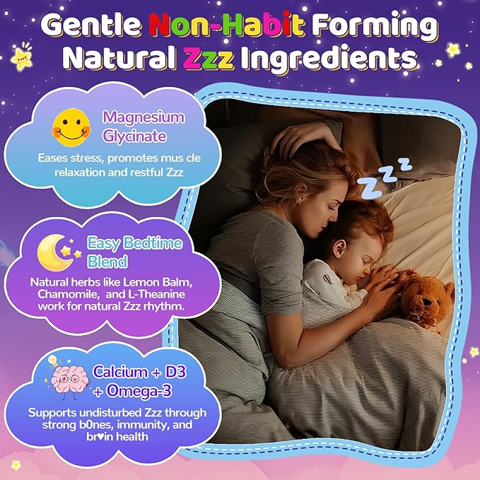 Magnesium Glycinate Gummies for Kids: Organic Chewable Supplement with Vitamins B12 B6 D3 Zinc L-Theanine Omega Calcium Citrate - Extra Strength Zzz Aid Focus Health Support for Kid(60Count)