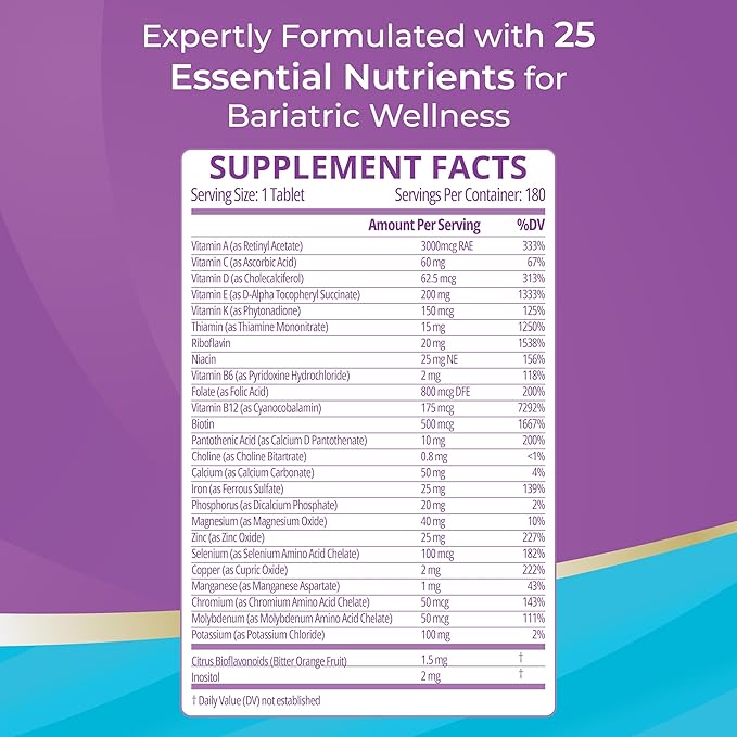 High A D E K Bariatric Multivitamin for Post DS/SADI Surgery 25 Essential Nutrients for Post-Weight Loss Surgery 180 Tablets Meets ASMBS Guidelines for Bariatric Bypass