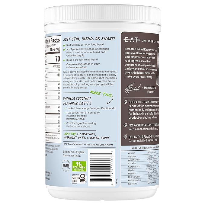 Primal Kitchen Vanilla Collagen Fuel® Drink Mix Vanilla Coconut Collagen Peptides No Dairy or Artificial Sweeteners 14.4 Ounces