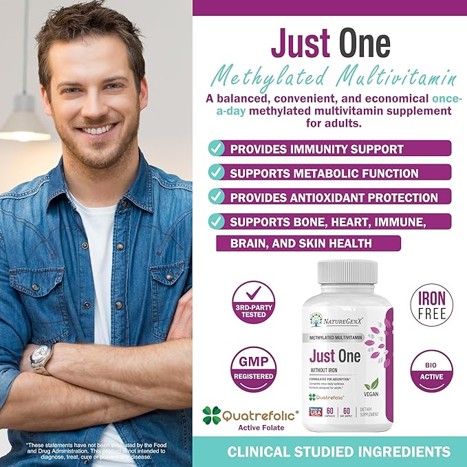Just One Daily Methylated Multivitamin - 60 Caps Pure Methyl B12 Methylfolate MTHFR Support Supplement Iron Free Methylated Vitamins for Men &amp Women 2 Months Supply Gluten Free