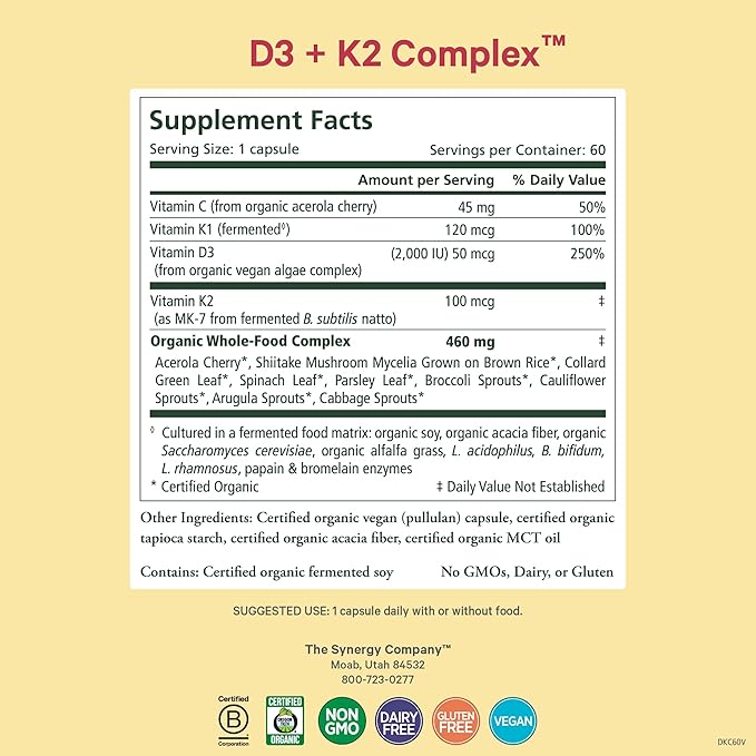 PURE SYNERGY D3 + K2 Complex | Vegan Vitamin D3 K2 Complex | Organic D3 Supplement with Vitamin K2 and K1 Plus Organic Whole Foods | Supports Bone Brain and Immune Health (60 Capsules)