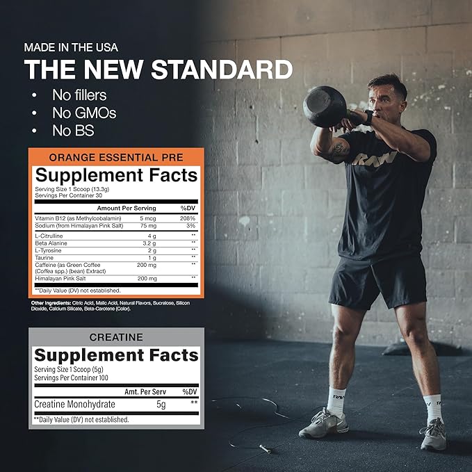 RAW Nutrition Creatine Monohydrate &amp Orange Pre-Workout Powder Bundle