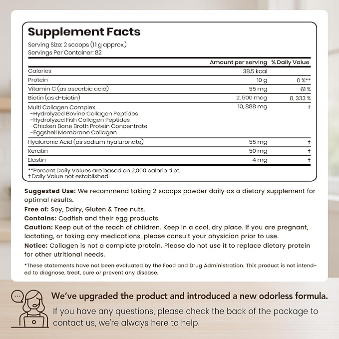 VEV Multi Collagen Peptides Powder with Types I II III V X 32 oz (82 Servings) - Skin Joint &amp Hair Support - Hydrolyzed Collagen Powder for Women Biotin Vitamin C Unflavored Dissolves Ea