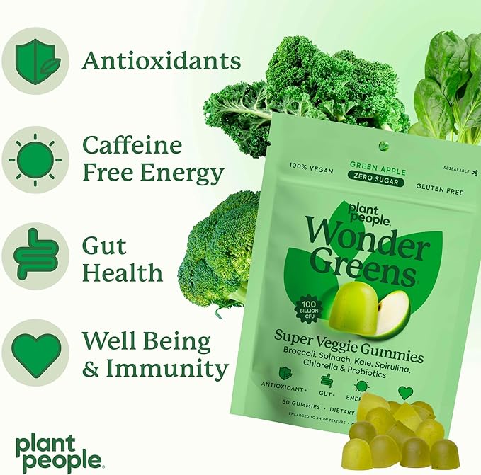 Plant People WonderGreens Veggie Gummies Super Greens with Probiotics Multivitamin Support Gummy for Wellbeing Energy Immune and Gut Health Green Apple Flavor (60 Count)