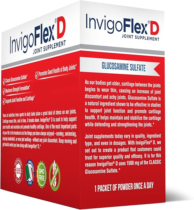 INVIGOFLEX® D - 1500mg of Glucosamine Sulfate Powder (Classic Formulation) - Premium Joint Supplement for Knees Hands Back and Hip Support Packets | 30 Packets
