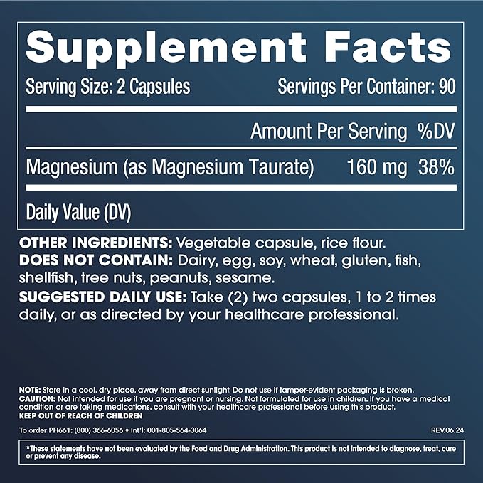 ProHealth Pure Magnesium Taurate 160mg per Serving | Optimal Bioavailability Supplement for Healthy Aging | Supports Brain Heart and Muscle Health | Third-Party Tested for Quality | 180 Capsules