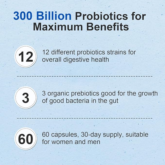 Probiotic 300 Billion CFU - 12 Strains with Organic Prebiotics for Digestive &amp Gut Immune Bloating Health - Probiotics for Women and Men - Daily Dairy Free Shelf Stable - 60 Counts