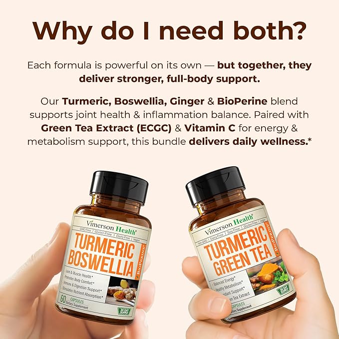 Boswellia Turmeric Curcumin Supplement + Turmeric Green Tea Bundle – Supports Joint Health Energy &amp Inflammation Balance – with Ginger Root Tumeric Powder Green Tea Extract (ECGC) &amp Vitamin