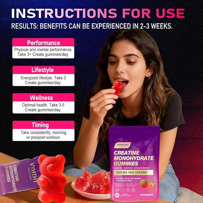 Creatine Monohydrate Gummies – with Collagen BCAAs L-Glutamine Biotin Zinc Vitamin D3 &amp Hyaluronic Acid – Daily Pre &amp Post Workout Recovery Sugar-Free (60 Gummies)